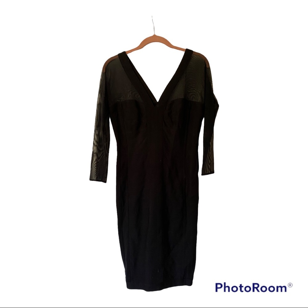 Tadashi Black MIDI Bodycon Dress with Sheer Elbow Sleeves, Petite Medium